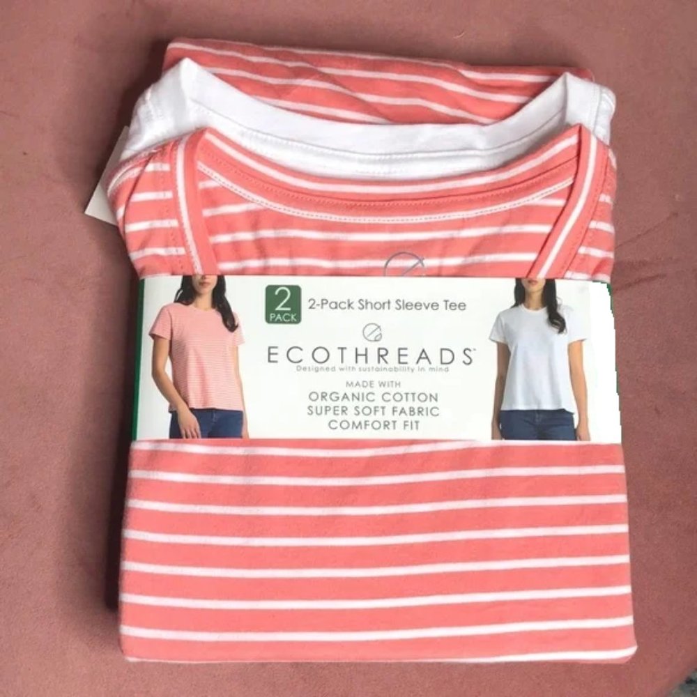 NWoT Ecothreads Women 2 Pack Short Sleeve T Size S Coral Stripe/White $45 5D284
